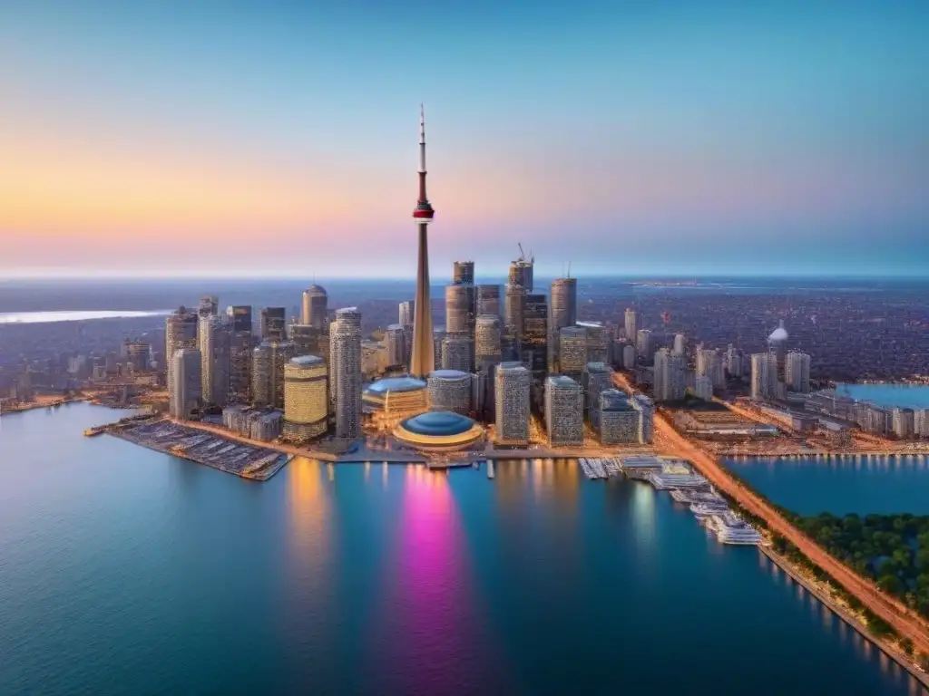 Horizonte de Toronto al anochecer: CN Tower iluminada Vista aérea de Toronto al atardecer con la CN Tower iluminada y reflejos en el lago Ontario
