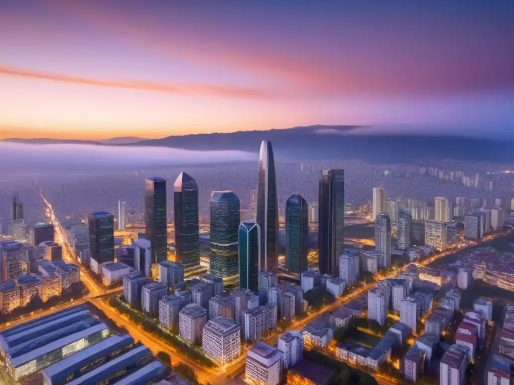Vista aérea de Santiago, Chile al atardecer con un imponente skyline