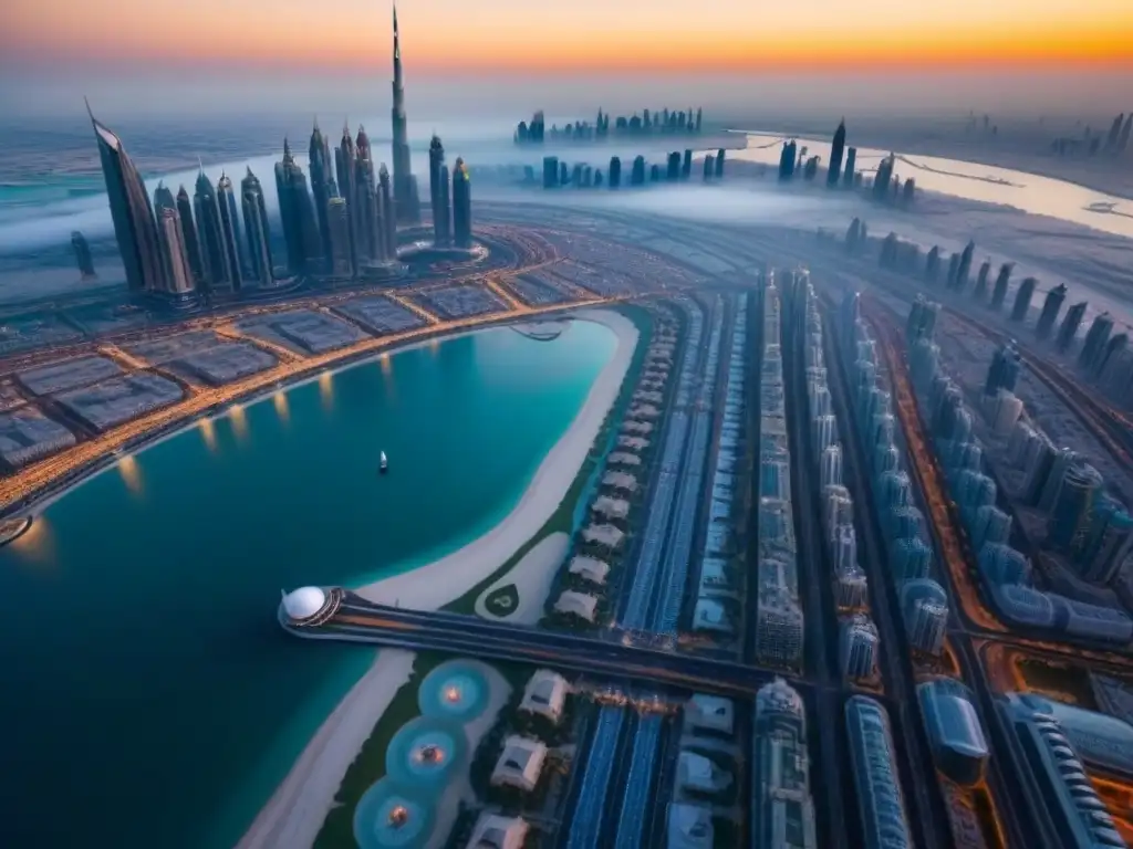 Horizonte futurista de Dubai: Burj Khalifa al atardecer Vista aérea de Dubai con el Burj Khalifa destacando al atardecer, representando inversiones inmobiliarias en Medio Oriente