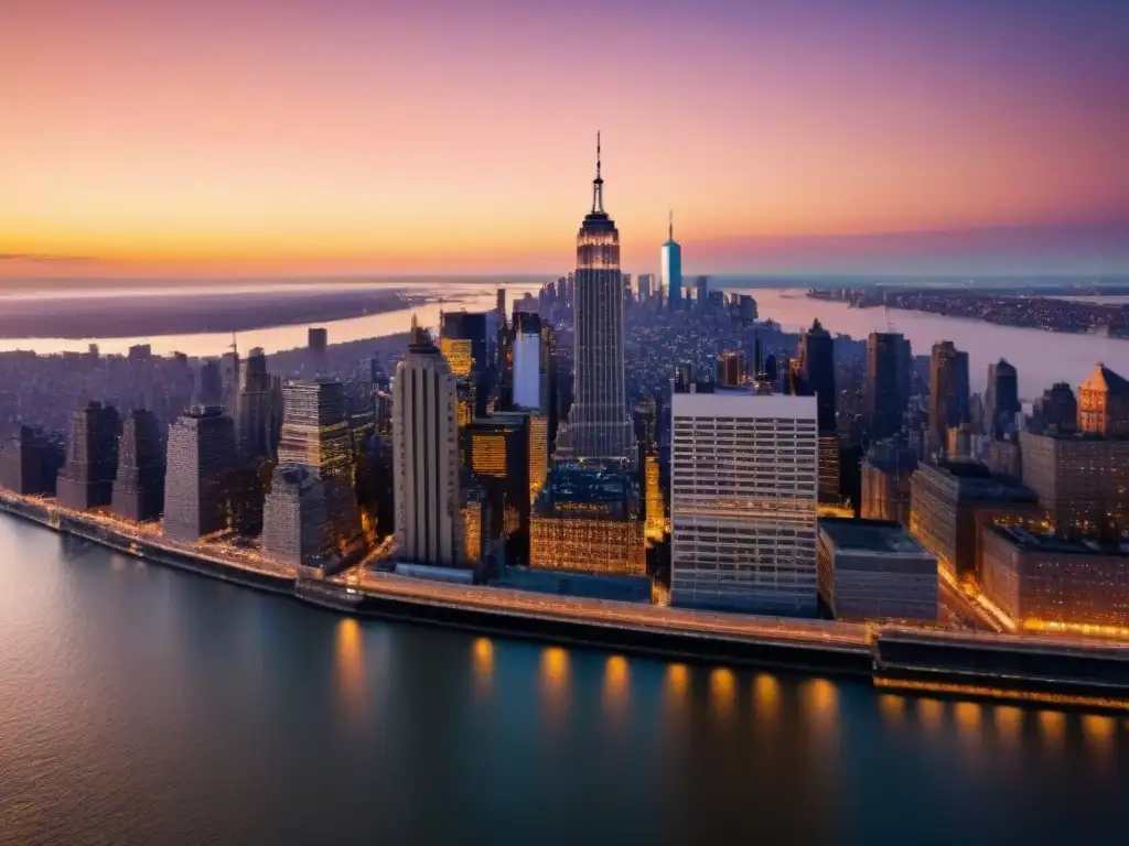 Vista aérea impresionante del skyline de Manhattan al atardecer Vista aérea de Manhattan al atardecer, con sus luces, rascacielos y el río Hudson reflejando el sol