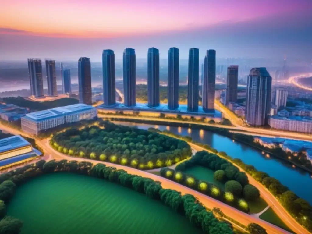 Espléndida ciudad moderna al atardecer: luces, arquitectura y naturaleza Vista aérea atardecer metrópoli, rascacielos modernos rodeados de parques verdes y ríos