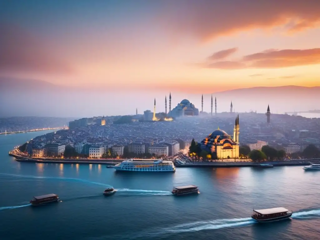 Atardecer mágico en Estambul: historia y modernidad en el Bósforo Vista aérea de Estambul al atardecer con su mezcla de arquitectura histórica y rascacielos modernos a lo largo del estrecho del Bósforo
