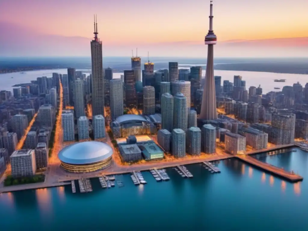 Horizonte de Toronto al atardecer: multiculturalismo y actividad económica Vista aérea de Toronto al atardecer, destacando la mezcla de arquitectura moderna y tradicional