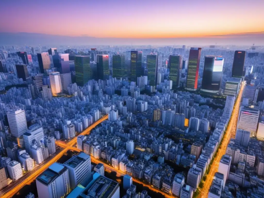 Inversión inmobiliaria en Tokio: atardecer en el skyline Vista aérea de Tokio al atardecer, reflejando la mezcla de arquitectura tradicional y moderna