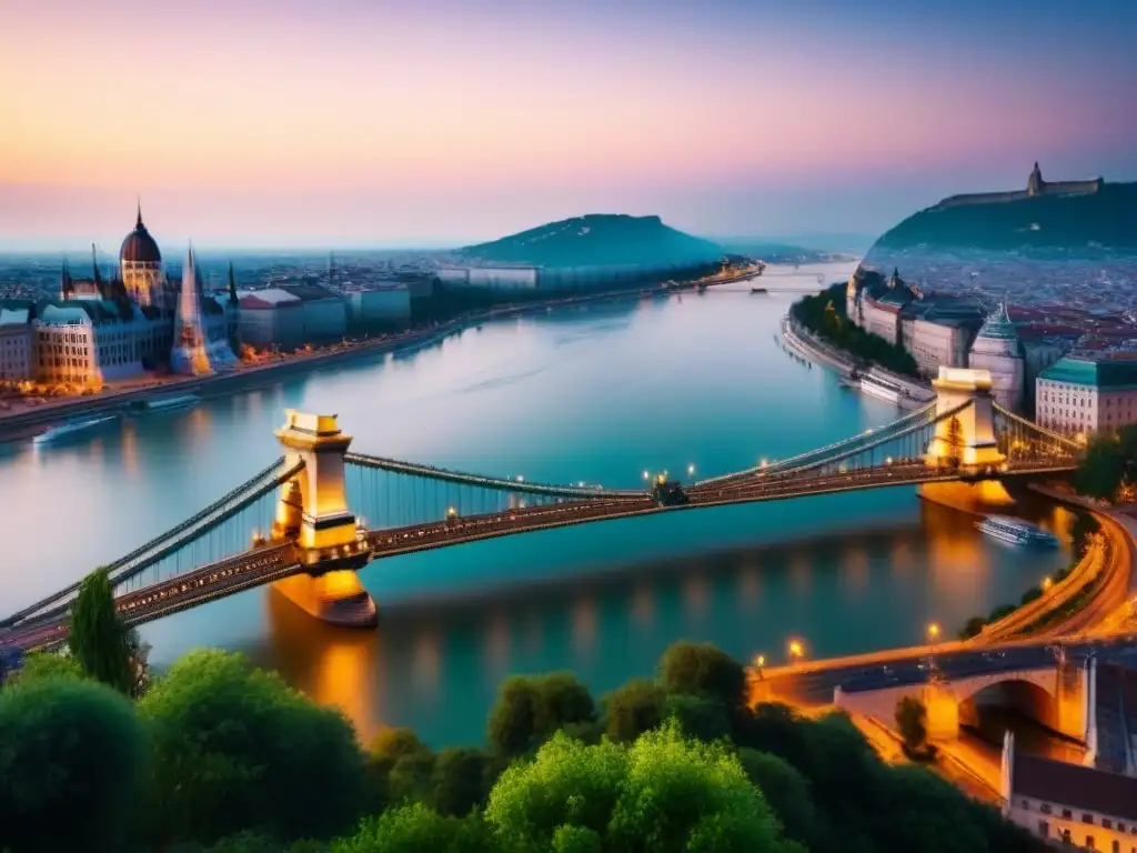 Vista aérea de Budapest al atardecer con Puente de las Cadenas Vista aérea al atardecer de Budapest con el Puente de las Cadenas iluminado por el sol dorado, Danubio y edificios históricos