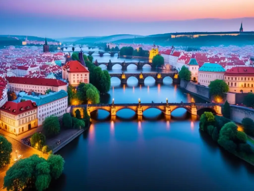 Puesta de sol en Praga: puente Carlos y arquitectura gótica Vista aérea de Praga al atardecer con el Puente de Carlos sobre el río Moldava, ideal para inversión inmobiliaria en Praga