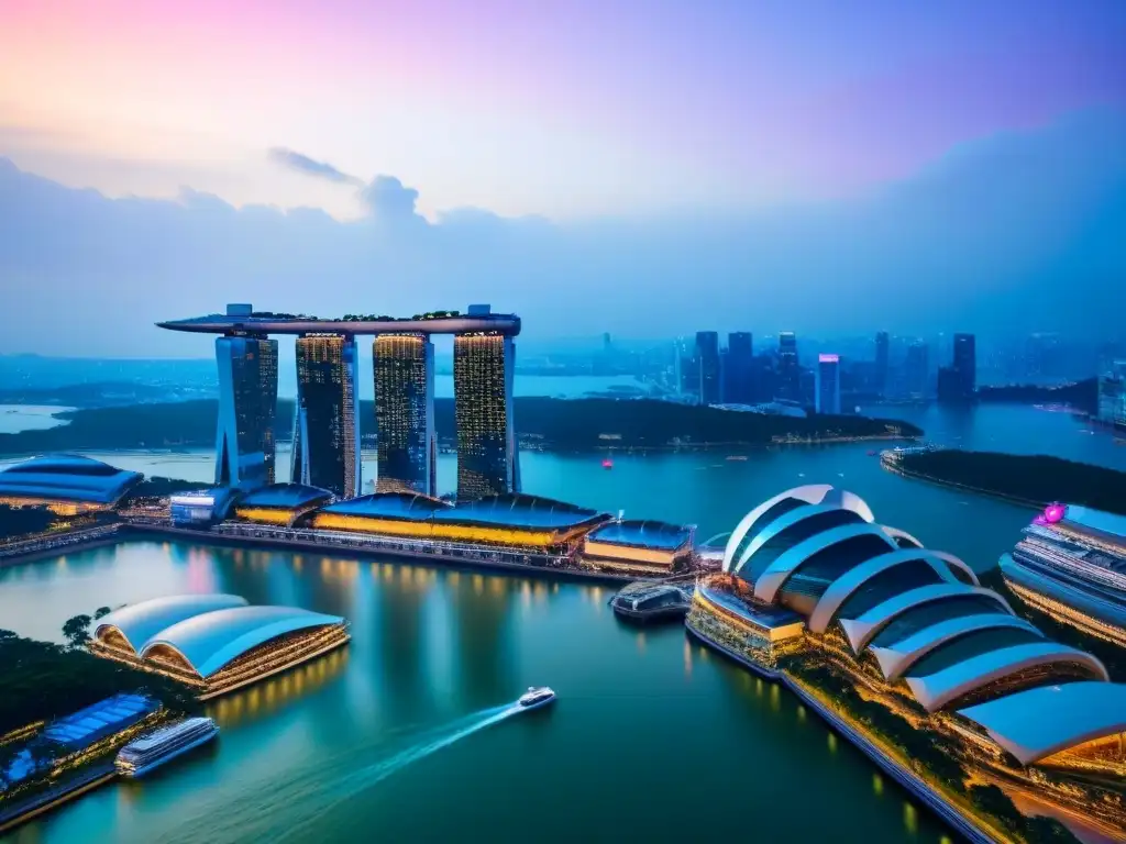 Marina Bay Sands: luces y vida en Singapur Vista aérea de Singapur al atardecer con el Marina Bay Sands y rascacielos iluminados