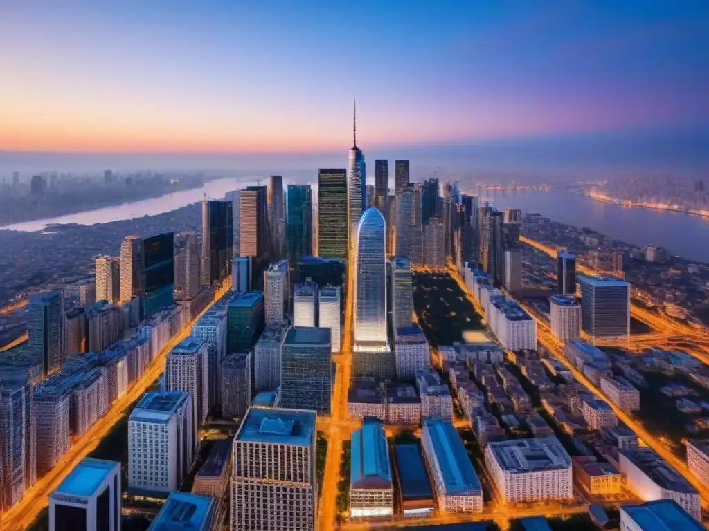Metrópolis nocturna: luces y arquitectura moderna Vista aérea de metrópoli al atardecer, con rascacielos iluminados y calles llenas de tráfico