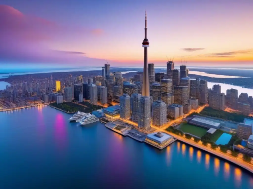 Espléndido atardecer en Toronto: CN Tower y rascacielos iluminados Vista aérea de Toronto al atardecer, con la CN Tower y rascacielos iluminados por el sol