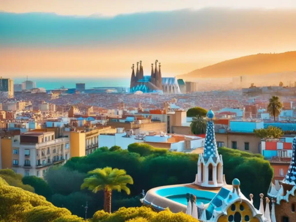 Barcelona al atardecer: un espectáculo dorado de arquitectura icónica Vista aérea de Barcelona al atardecer, destacando la Sagrada Familia, el Parque Güell y el Mar Mediterráneo
