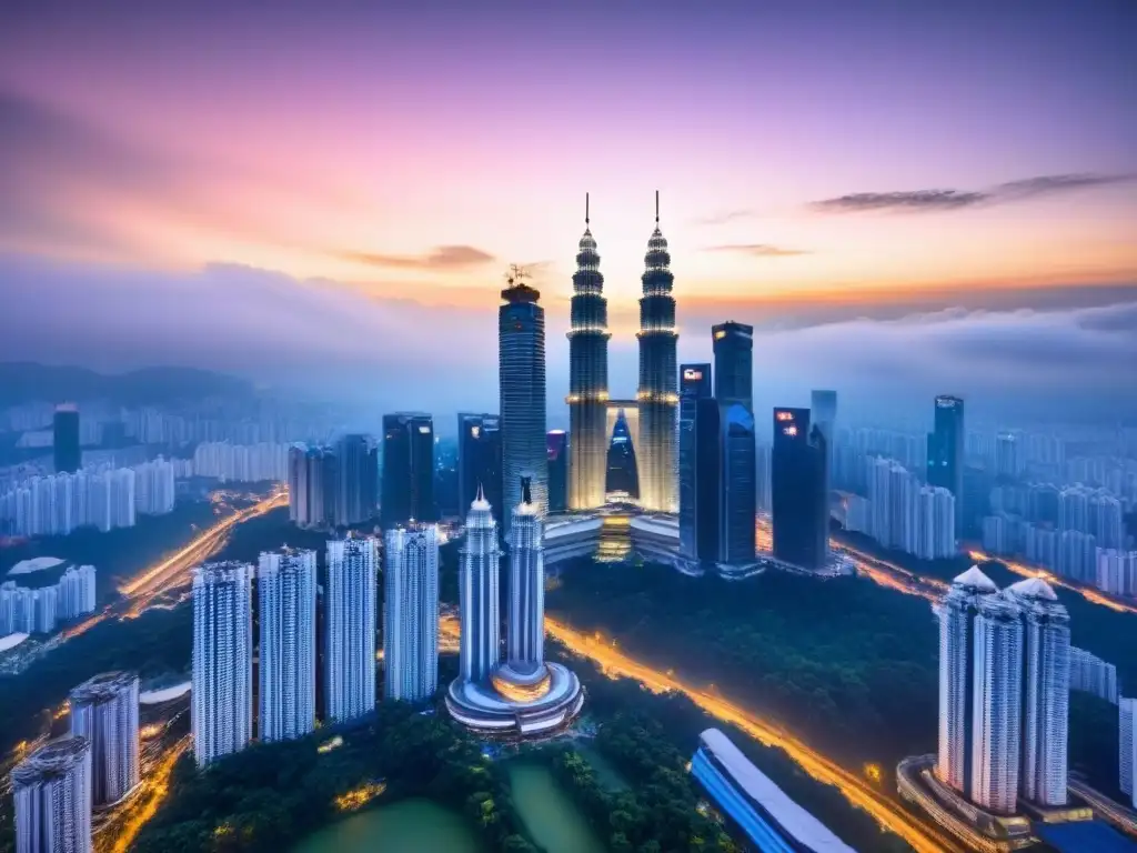 Horizonte de Kuala Lumpur al atardecer: inversión inmobiliaria en Malasia Vista aérea de Kuala Lumpur al atardecer con las Torres Petronas y otros rascacielos iluminados