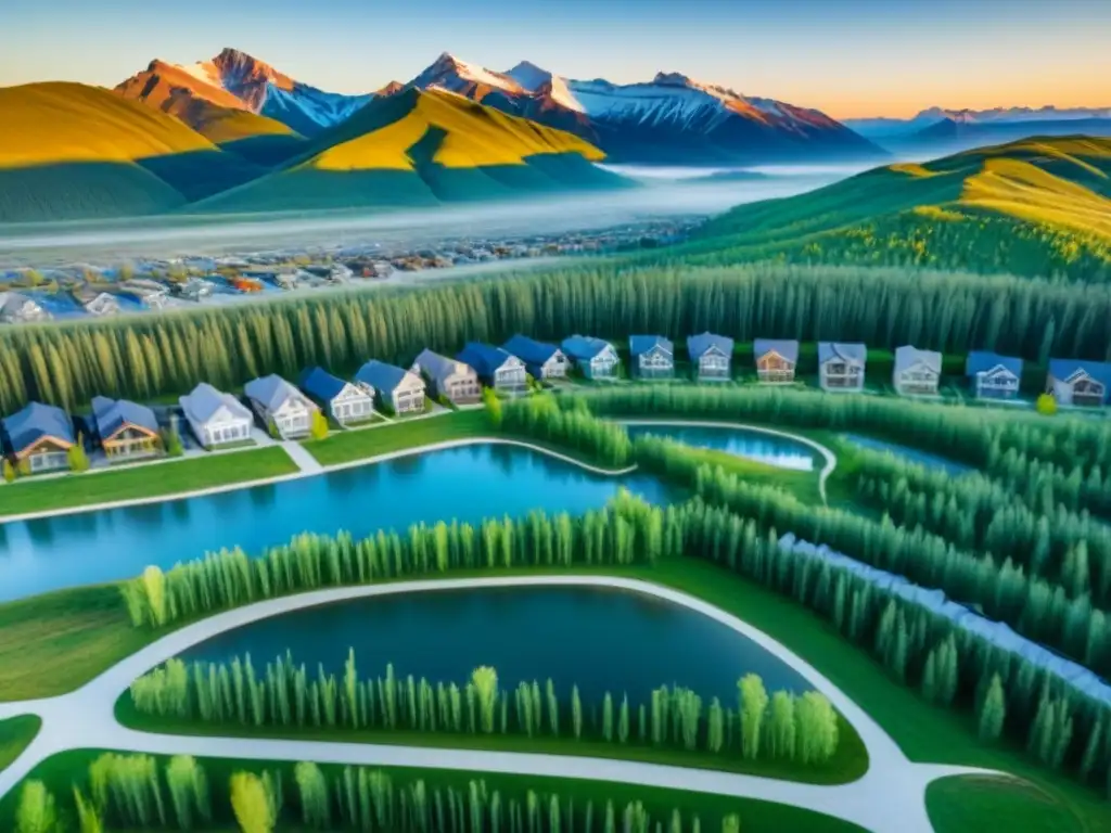 Arquitectura moderna y naturaleza: barrio residencial en Calgary, Canadá Vista aérea de un barrio residencial en Calgary con arquitectura moderna y montañas nevadas al fondo