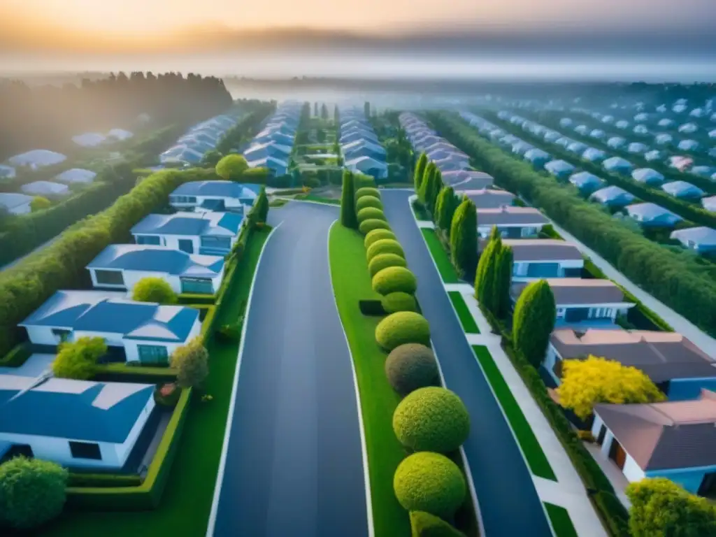 Urbanización moderna vigilada por drones futuristas Vista aérea de un barrio residencial moderno con drones de vigilancia