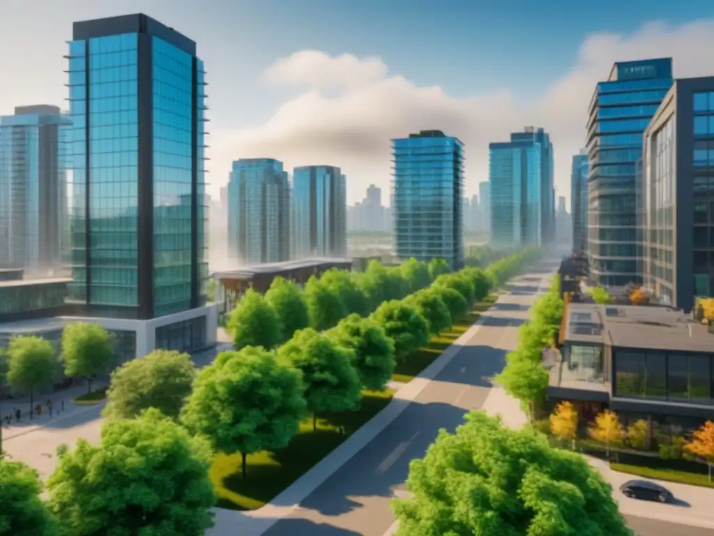 Vibrante vecindario urbano en mercado inmobiliario emergente de Canadá Vista aérea de un barrio urbano bullicioso en mercados inmobiliarios emergentes Canadá, con arquitectura moderna y energía vibrante