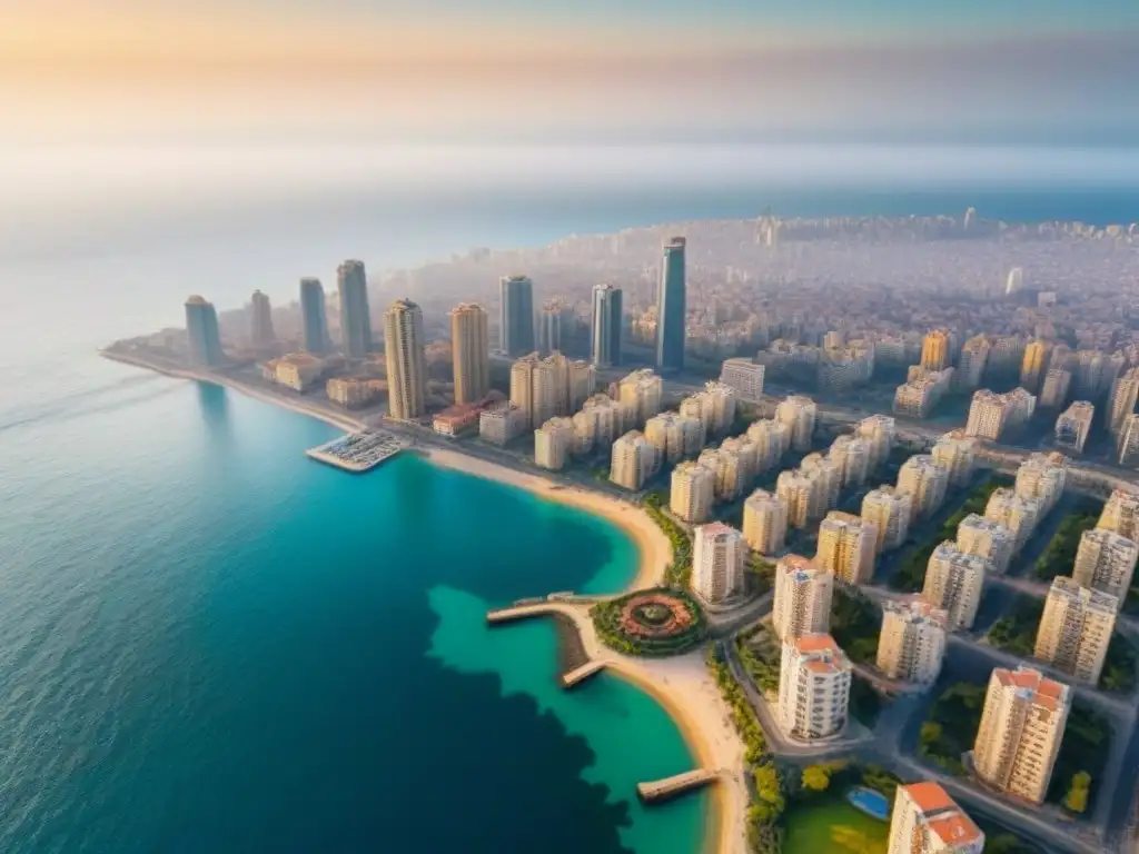 Horizonte de Beirut: resiliencia y crecimiento inmobiliario Vista aérea de Beirut con mezcla de modernidad y tradición, reflejando la inversión inmobiliaria postexplosión
