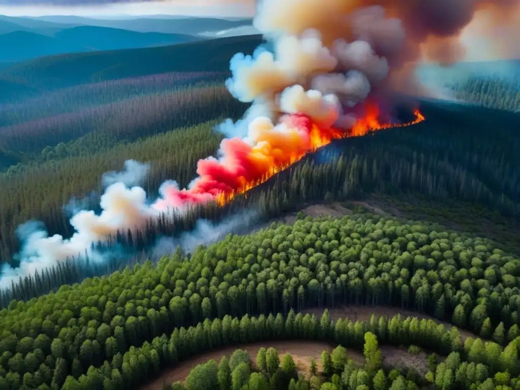 Contraste impactante: bosque verde vs Vista aérea de un bosque verde con retardante de fuego naranja y rojo, resaltando la importancia de seguros propiedades zonas incendios forestales