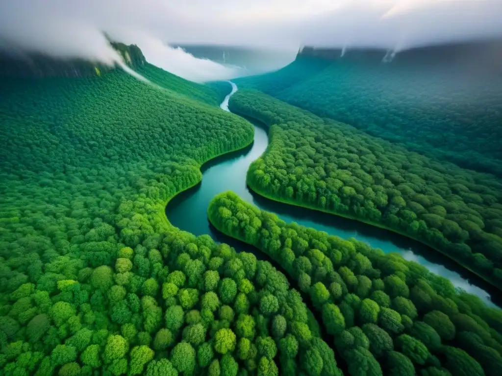 Inversión sostenible en bosques vírgenes: belleza natural sin igual Vista aérea de un bosque verde exuberante con un río cristalino serpenteando, invitando a invertir en terrenos internacionales sostenibles