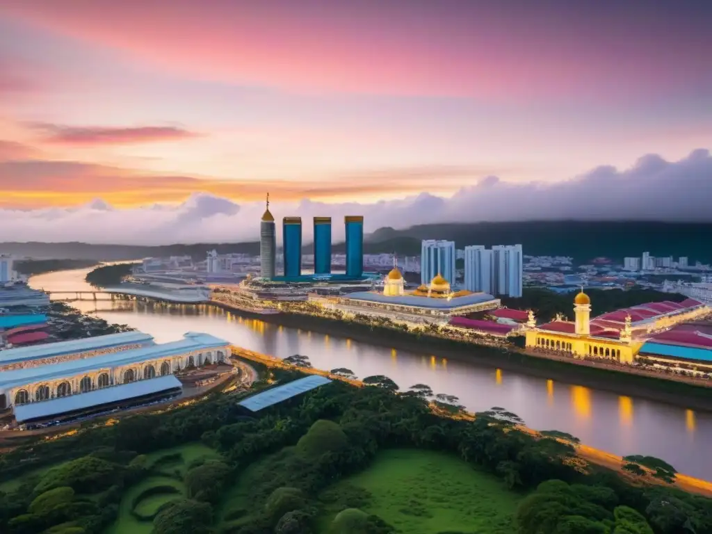 Horizonte de Brunei: Tradición y modernidad al atardecer Vista aérea de Brunei al atardecer, fusionando arquitectura moderna y tradicional