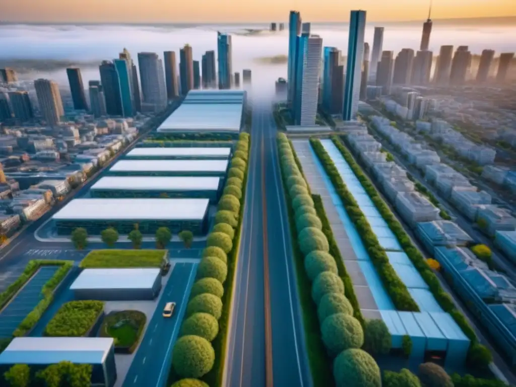 Vista aérea detallada de metrópolis moderna en América del Norte Vista aérea de una bulliciosa área metropolitana norteamericana con modernos rascacielos y áreas verdes