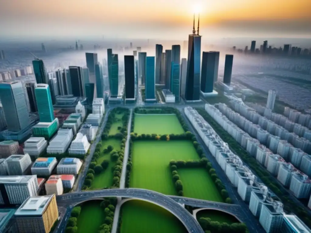 Metrópolis vibrante: rascacielos modernos y bulliciosa actividad urbana Vista aérea de una bulliciosa área metropolitana con modernos rascacielos, reflejando el impacto de desarrollos inmobiliarios en áreas metropolitanas