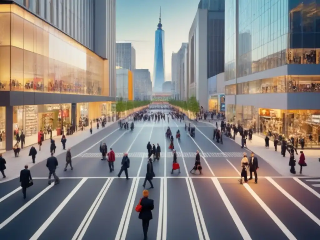 Escena urbana vibrante: diversidad de personas y arquitectura moderna Vista aérea de una bulliciosa calle urbana con diversidad de personas y modernos edificios comerciales