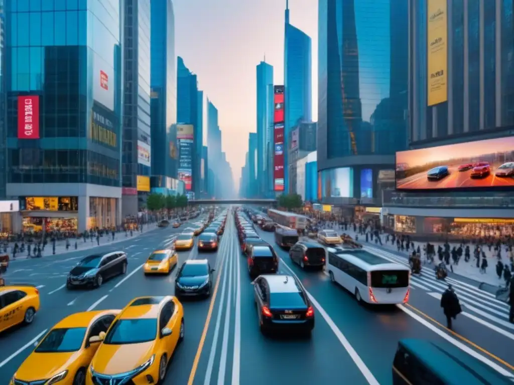Vista aérea de ciudad en movimiento con oportunidades de inversión Vista aérea de una bulliciosa calle de la ciudad, llena de tráfico y edificios modernos