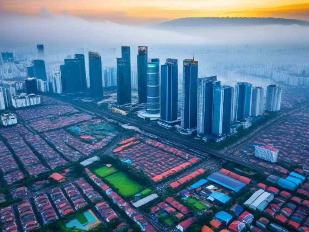 Vibrante real estate en Jakarta: modernidad y tradición Vista aérea de Jakarta, la bulliciosa capital de Indonesia con modernos rascacielos y arquitectura tradicional