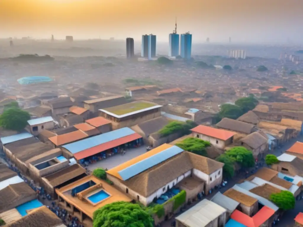 Vista aérea impactante de ciudad africana: historia y modernidad se unen Vista aérea de una bulliciosa ciudad africana, entre edificios tradicionales y modernos