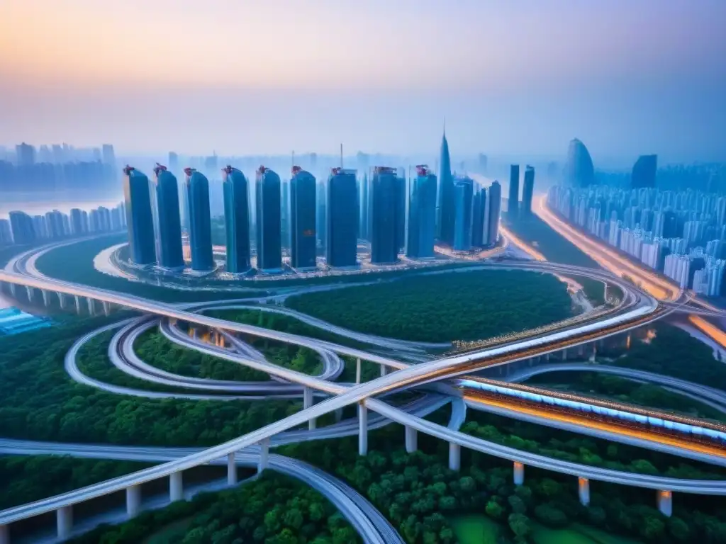 Metrópolis futurista y trenes de alta velocidad en la Ruta de la Seda Vista aérea de la bulliciosa ciudad con rascacielos modernos y trenes de alta velocidad, reflejando las tendencias mercado inmobiliario internacional