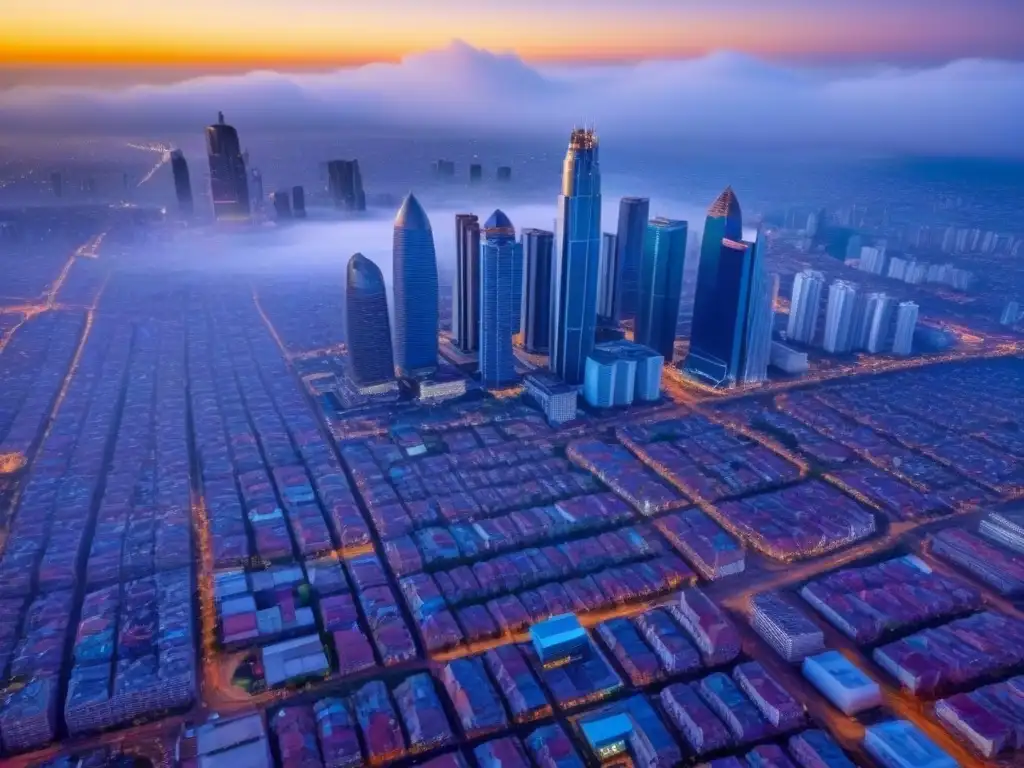 Vista aérea de una bulliciosa ciudad en África Subsahariana, con rascacielos modernos y mercados callejeros vibrantes