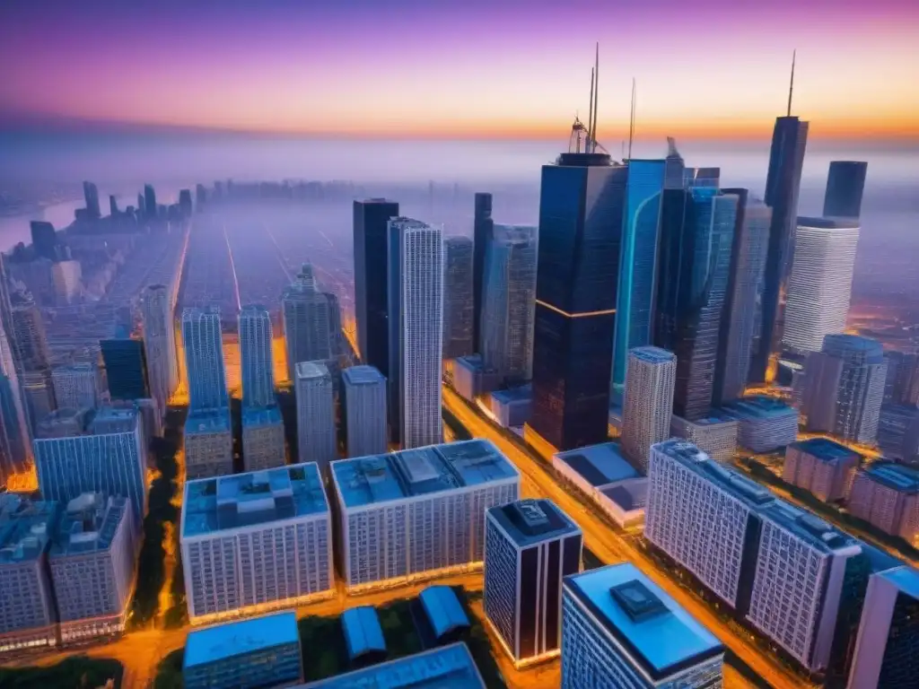 Metrópolis en crepúsculo: luces y energía urbana Vista aérea al anochecer de una bulliciosa ciudad metropolitana, con rascacielos iluminados y calles llenas de tráfico