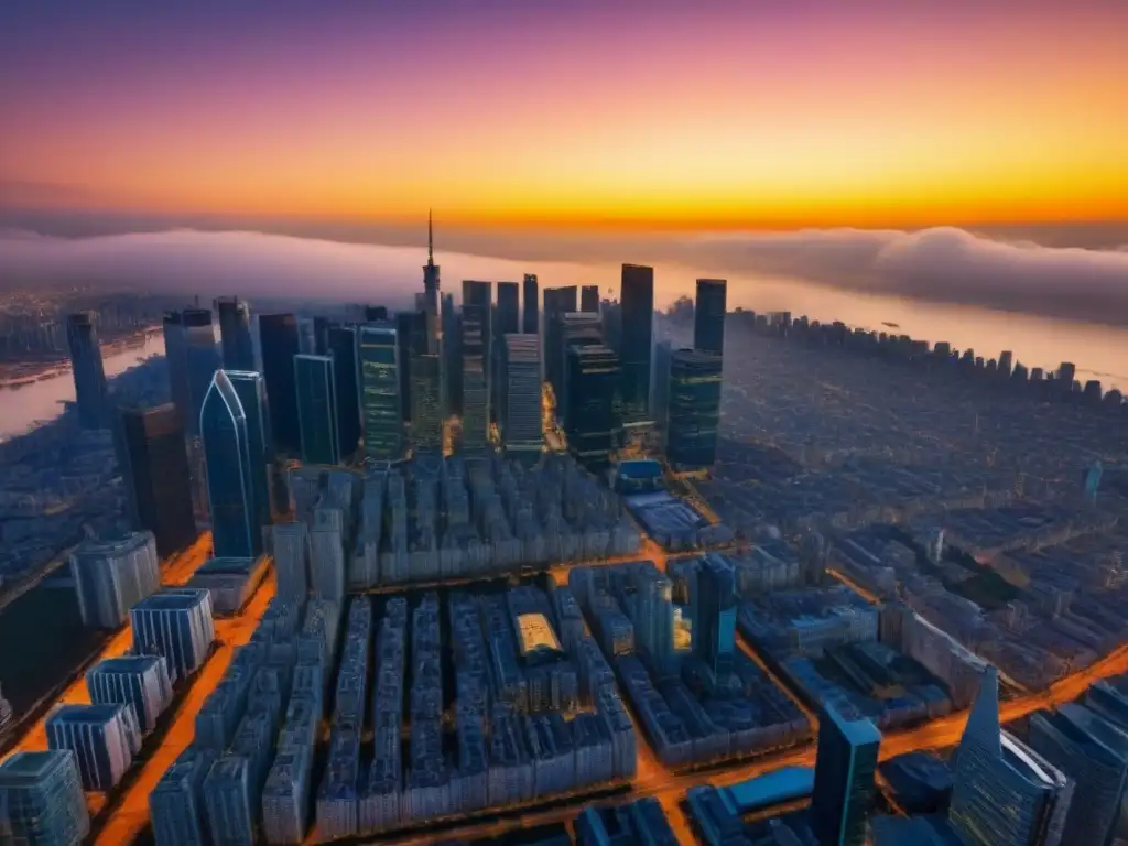 Brillante mercado inmobiliario: Atardecer dorado en metrópolis moderna Vista aérea de una bulliciosa ciudad con rascacielos que reflejan un atardecer dorado, mostrando fusiones en mercado inmobiliario internacional