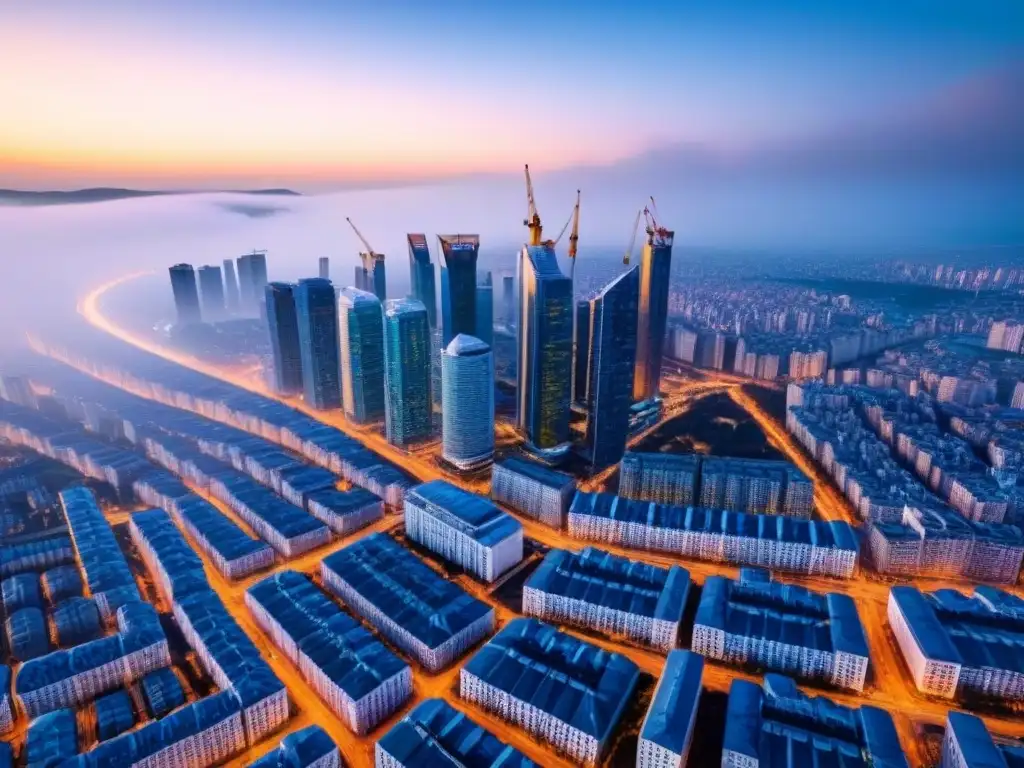 Desarrollo urbano en Europa del Este: crecimiento de la inmobiliaria Vista aérea de una bulliciosa ciudad en Europa del Este, con rascacielos modernos y sitios de construcción, simbolizando el dinámico mercado inmobiliario en la región