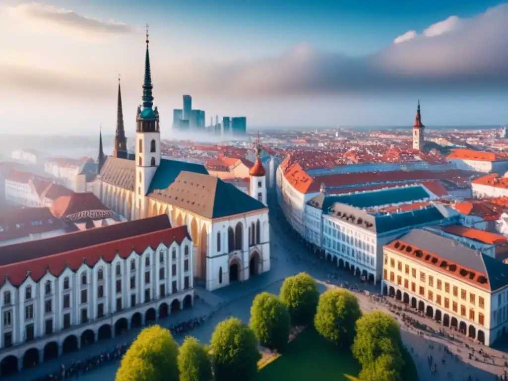 Skyline vibrante de Europa del Este: arquitectura histórica y moderna Vista aérea de la bulliciosa ciudad en Europa del Este con inversión inmobiliaria y monedas locales