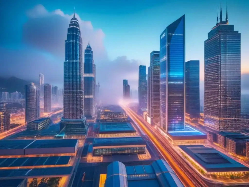 Vista aérea de ciudad moderna y vibrante Vista aérea de una bulliciosa ciudad con rascacielos en una inversión inmobiliaria internacional en crisis