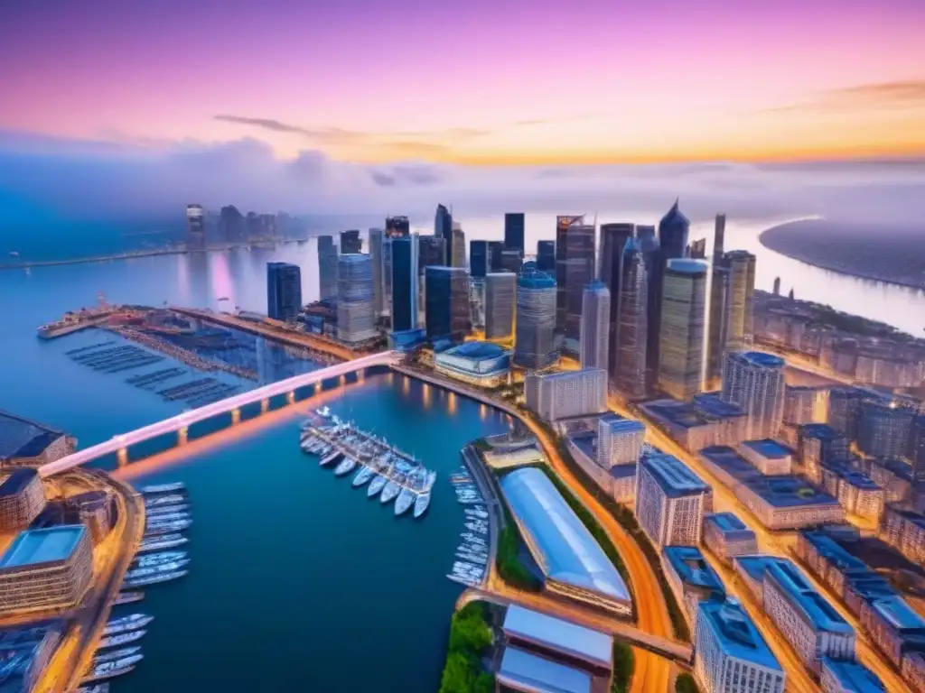 Vibrante ciudad al atardecer: luces, rascacielos y movimiento Vista aérea de una bulliciosa ciudad al anochecer con rascacielos iluminados, autopistas transitadas y un vibrante waterfront