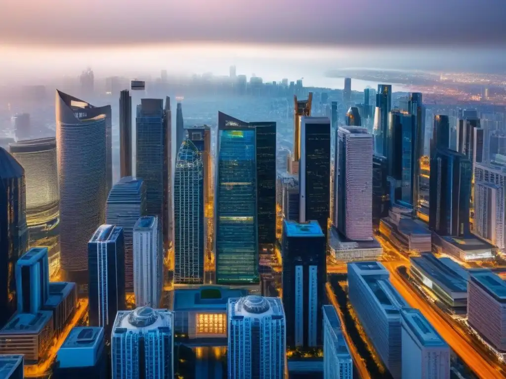Skyline urbano: Oportunidades de inversión en REITs Vista aérea de la bulliciosa ciudad con rascacielos modernos, destacando los beneficios de invertir en REITs para carteras globales