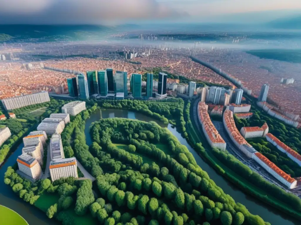 Contraste urbano: ciudad vibrante en Europa del Este Vista aérea de una bulliciosa ciudad en Europa del Este, con rascacielos modernos y edificios históricos