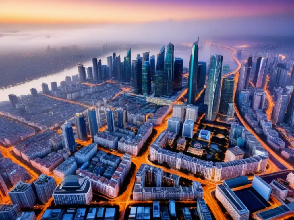 Horizonte urbano futurista: inversión global en bienes raíces Vista aérea de una bulliciosa ciudad con rascacielos futuristas y autopistas conectadas, simbolizando la Inversión inmobiliaria global Franja Ruta