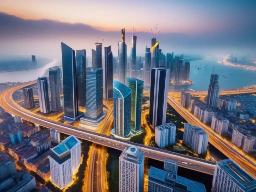 Metrópolis global: migración y mercado inmobiliario Vista aérea de una bulliciosa ciudad con rascacielos y autopistas, donde se entrelazan las tendencias migratorias y el mercado inmobiliario