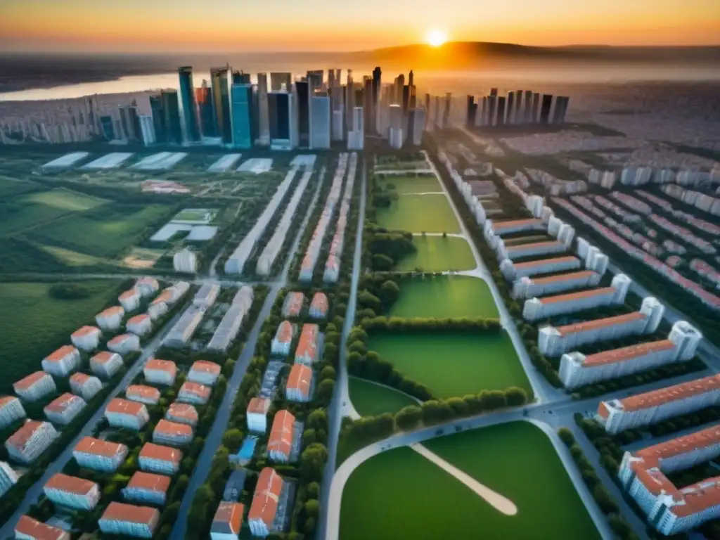 Cityscape moderno y próspero al atardecer en Franja: inversión inmobiliaria Vista aérea de la bulliciosa Franja con rascacielos modernos, calles llenas de gente y parques urbanos