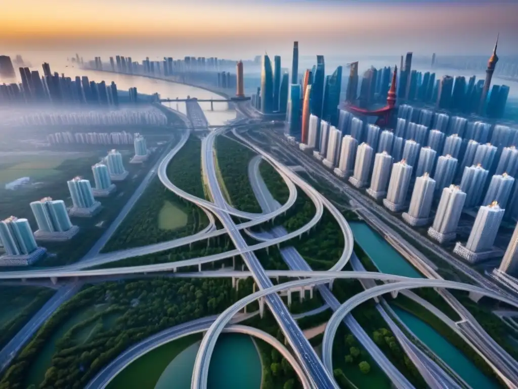 Metrópolis vibrante: desarrollo urbano en la Iniciativa del Cinturón y Ruta Vista aérea de la bulliciosa Franja Ruta, fusionando arquitectura tradicional con rascacielos modernos