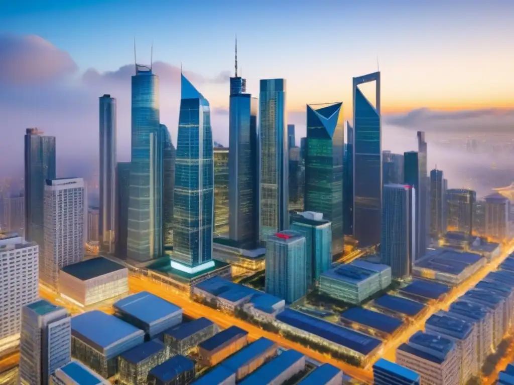 Inversiones REIT: Skyline moderno y vibrante de una ciudad global Una vista aérea de un bullicioso horizonte urbano con rascacielos imponentes y propiedades REIT modernas dominando la escena