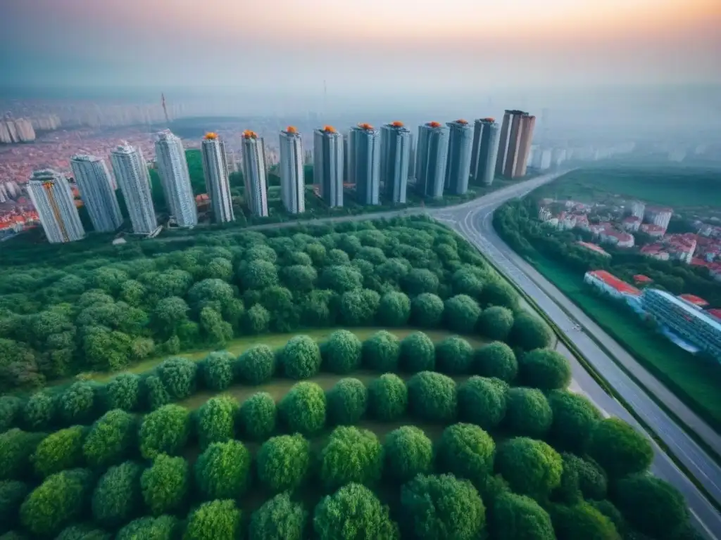 Desarrollo urbano en Europa del Este: panorama dinámico de rascacielos y construcción Vista aérea del bullicioso mercado inmobiliario Europa del Este: rascacielos, edificios residenciales y obras rodeados de vegetación exuberante