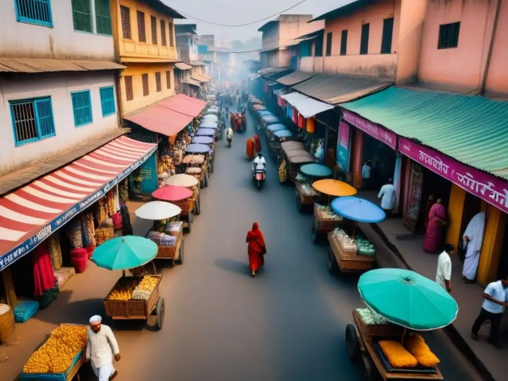 Mercado indio vibrante: colores, gente y arquitectura Vista aérea de un bullicioso micromercado indio, resaltando colores vibrantes, gente diversa y arquitectura detallada