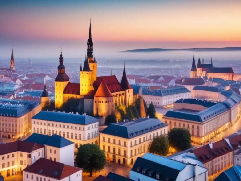 Horizonte urbano de Europa del Este: fusión de historia y modernidad Vista aérea del bullicioso paisaje urbano en Europa del Este, mezclando arquitectura histórica y rascacielos modernos al atardecer