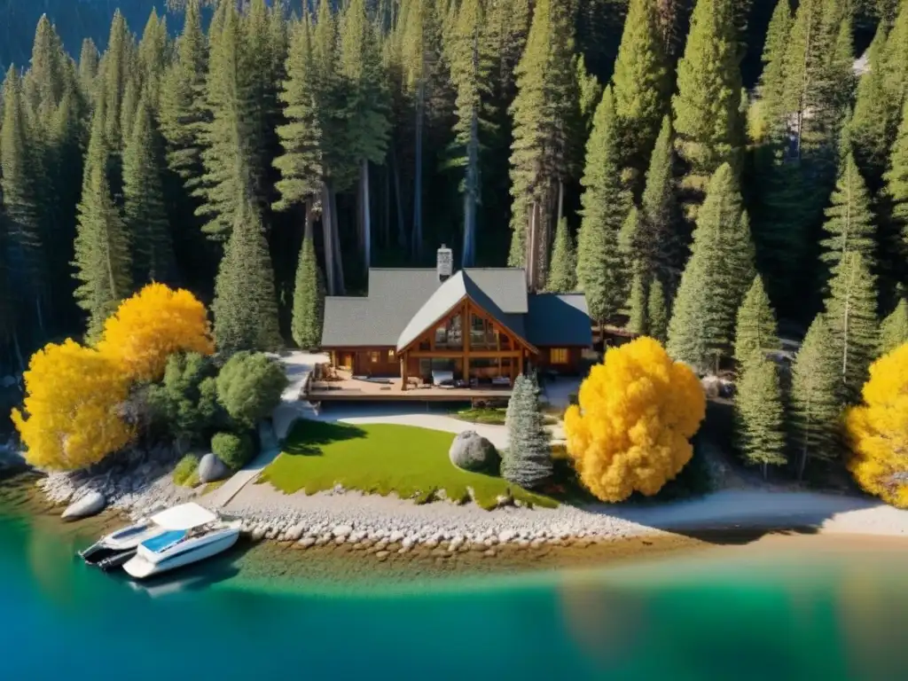 Cabaña de lujo junto al lago en otoño en Lake Tahoe Vista aérea de cabaña lujosa junto al lago en otoño en Lake Tahoe, California