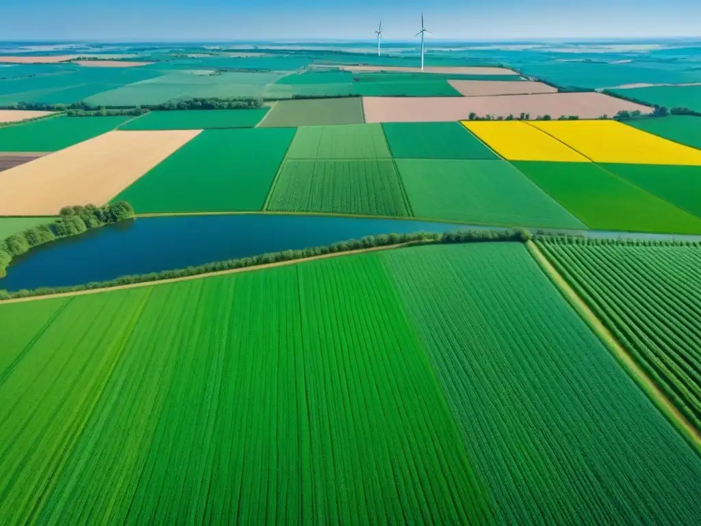 Horizonte rural sostenible: turbinas eólicas y campos verdes Vista aérea de campos verdes con molinos de viento, río y pueblo rural