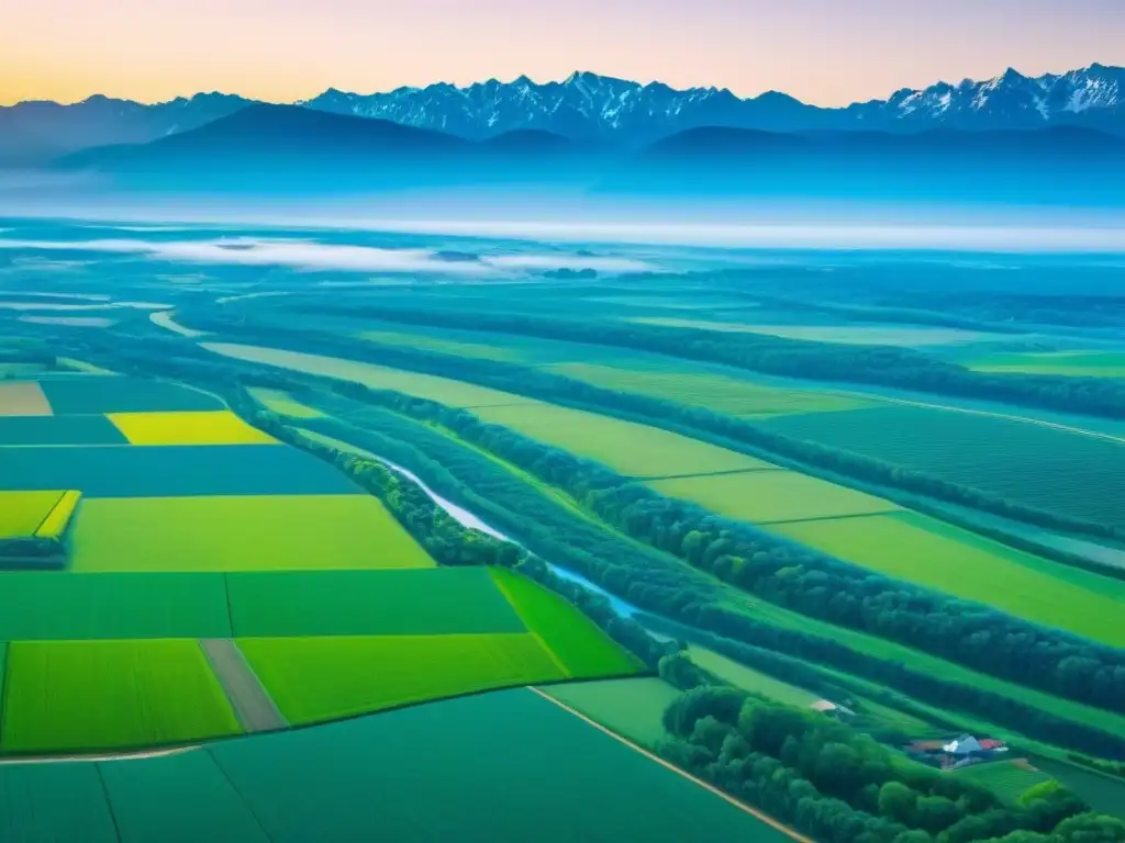 Inversión en finca rural en América del Norte: potencial y serenidad Vista aérea de campos verdes y serenos en Norteamérica, con río y montañas al fondo