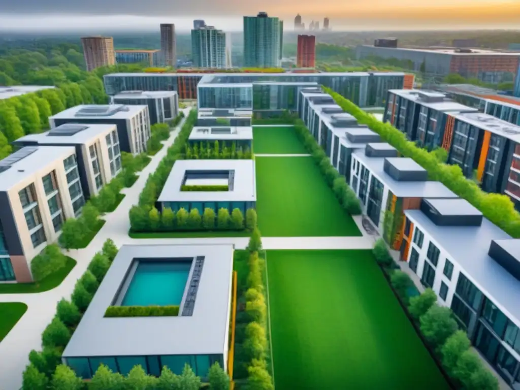 Vibrante campus universitario en zona prime Vista aérea de campus universitario rodeado de edificios modernos en zona de inversión inmobiliaria universitaria